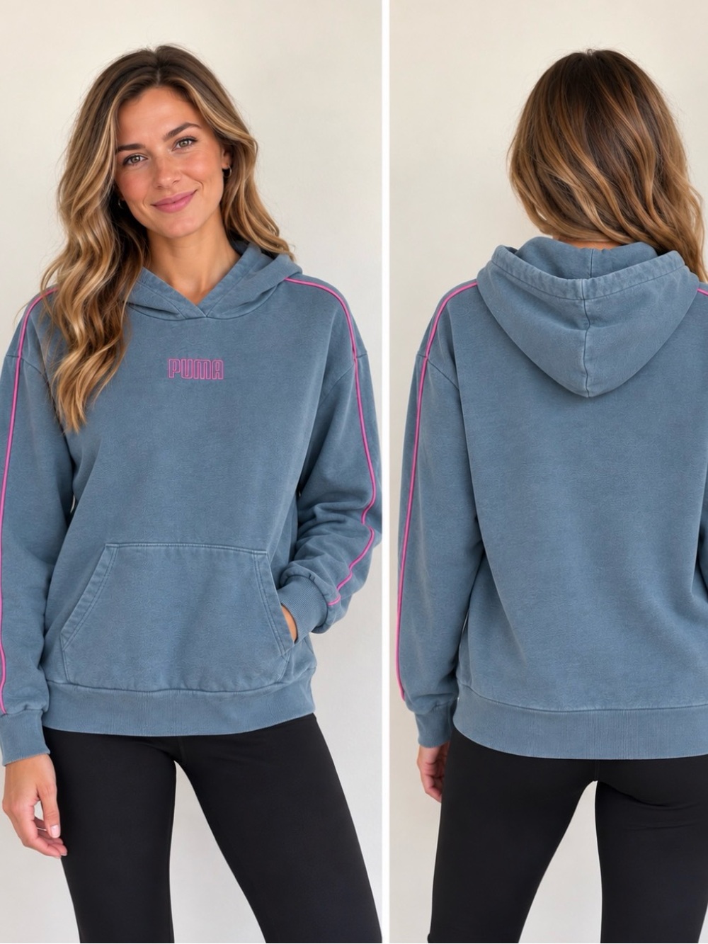 Puma Women’s Blue Hoodie Pink Piping Logo Sweatshirt Size Large